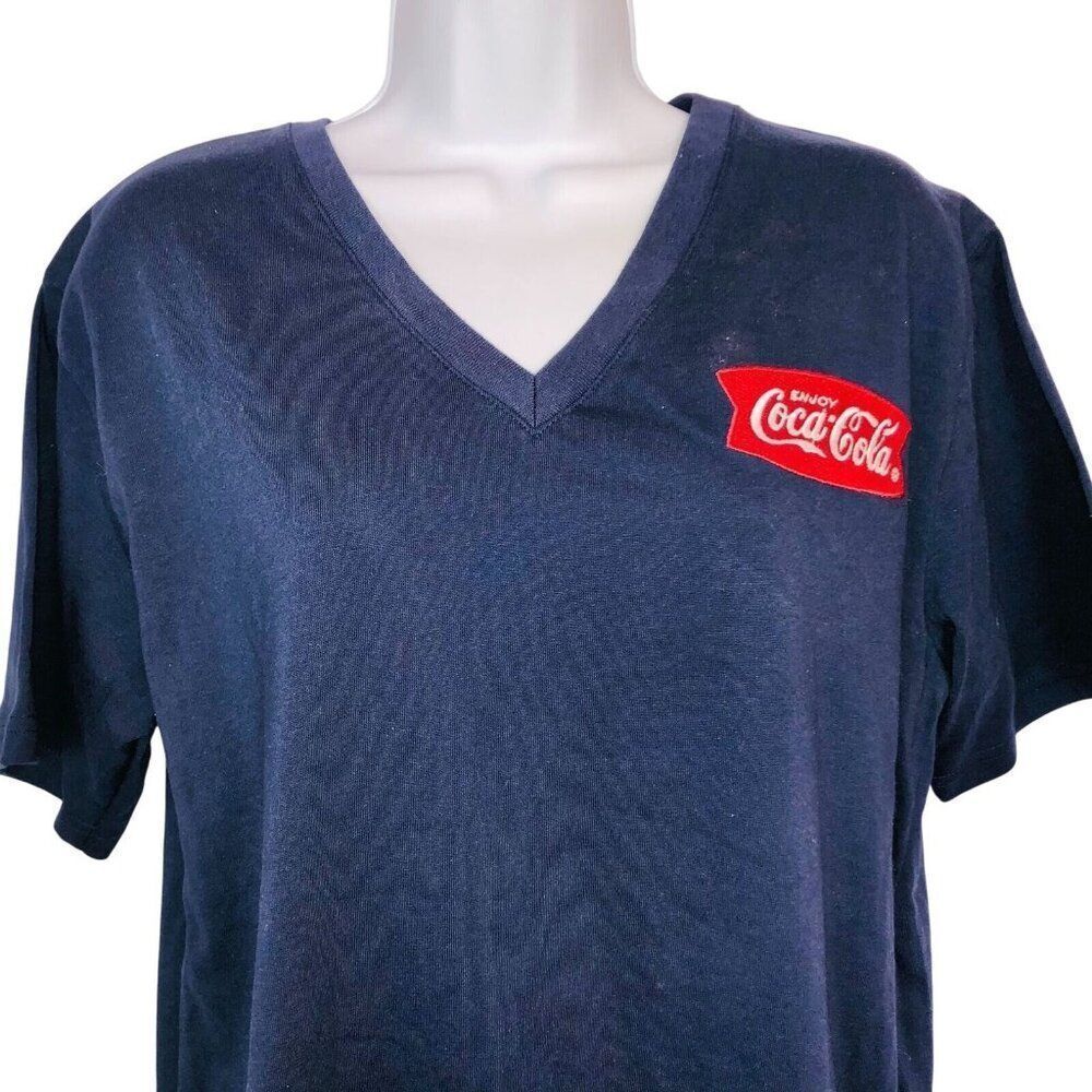 Coca Cola Womens M Top Tshirt Navy Blue V Neck Logo Short Sleeve New